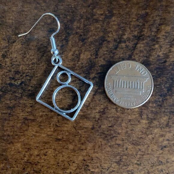 Geometric Square & Circle Dangle Earrings - Aged Silver Finish, Vintage Style - Picture 6 of 9